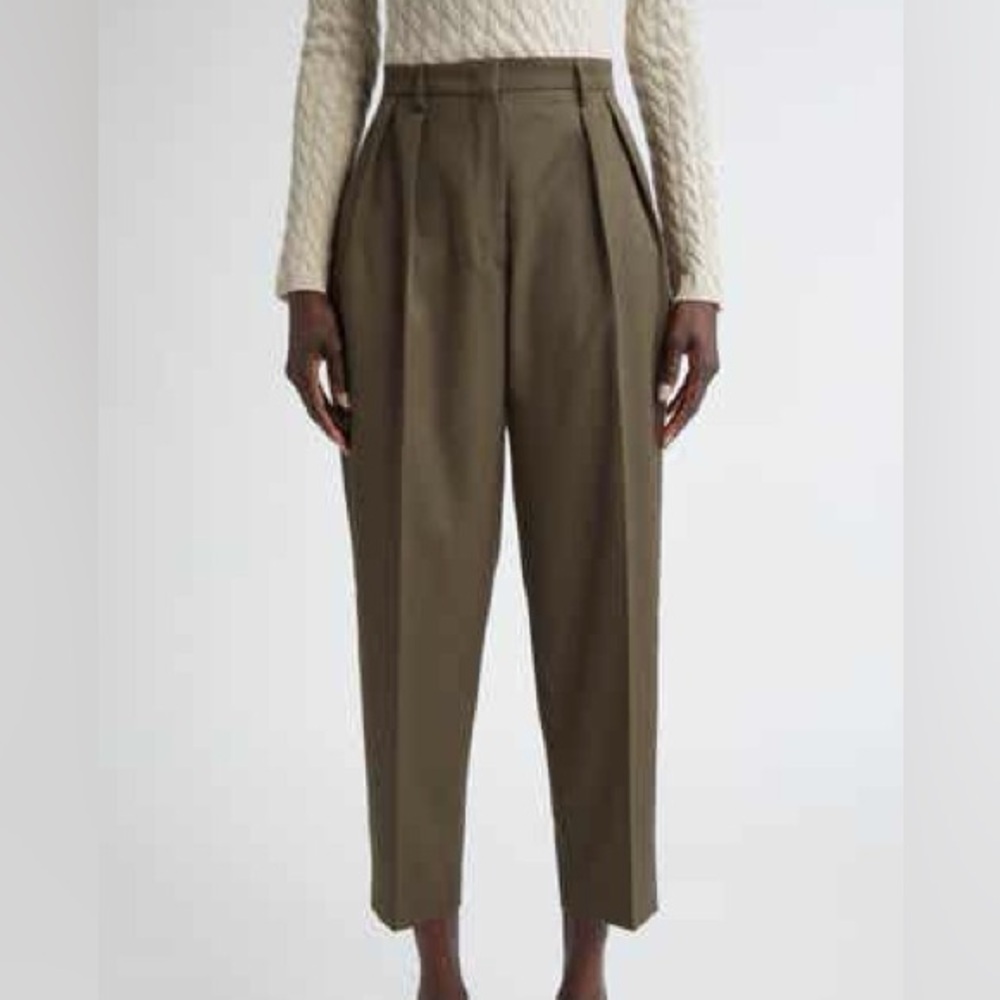 Zara Olive Green Belted Cropped Pleated Pants